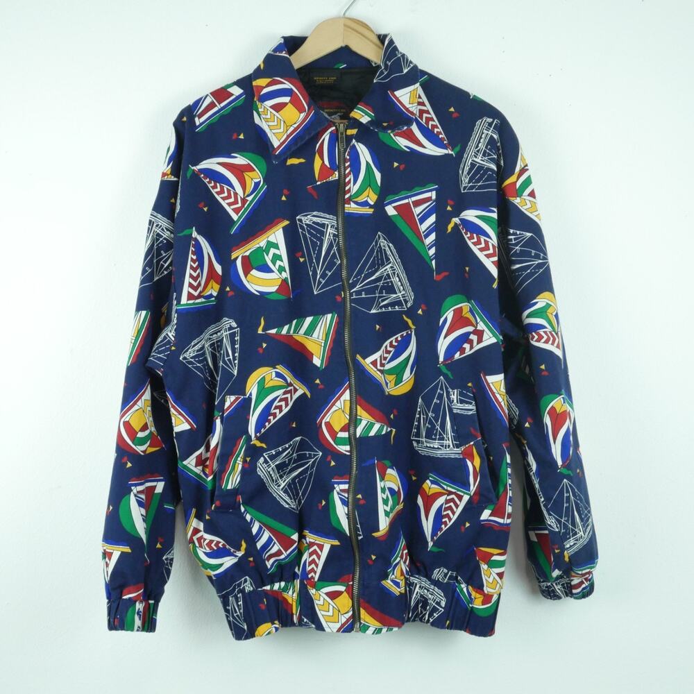 Vintage Large Bomber Jacket Nautical Print Multicolor 90s Coastal Sailing Boat